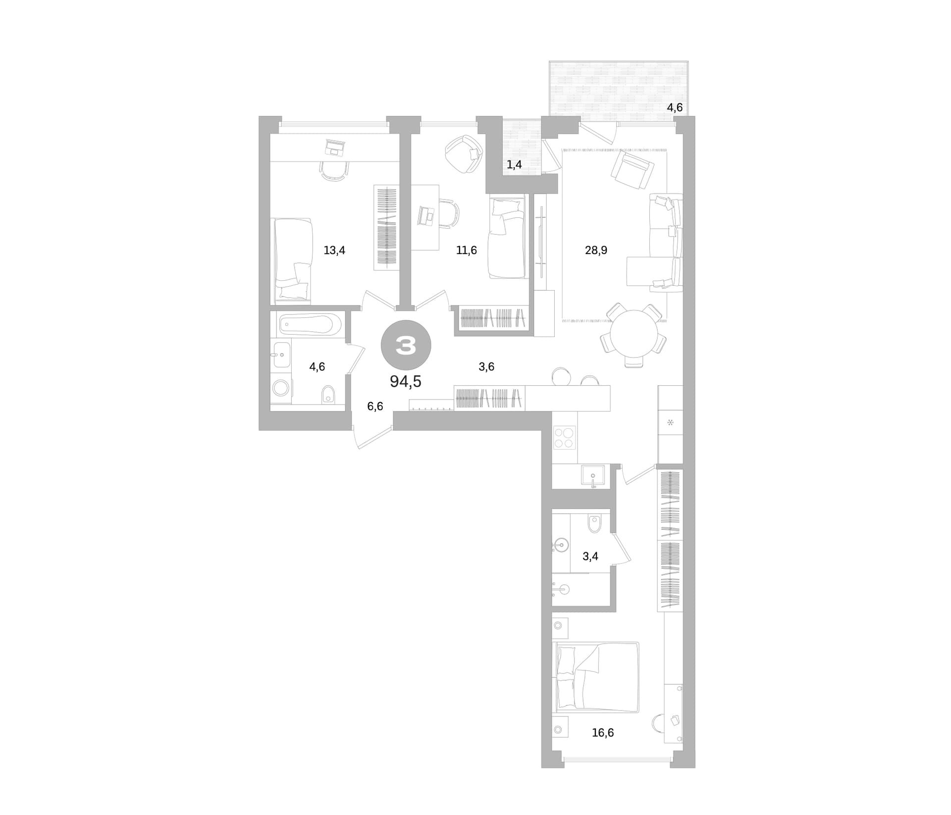 Планировка: Квартира евро-4 88,5 м² в ЖК «Северный ветер»