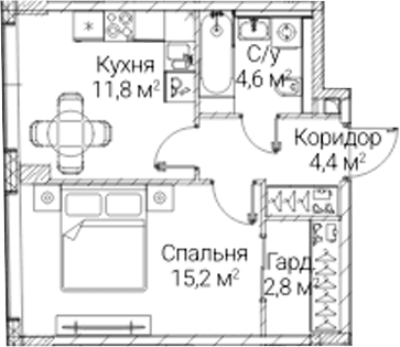 Планировка: 1-комнатная квартира 38,8 м² в ЖК «СЕЗАР БУДУЩЕЕ»