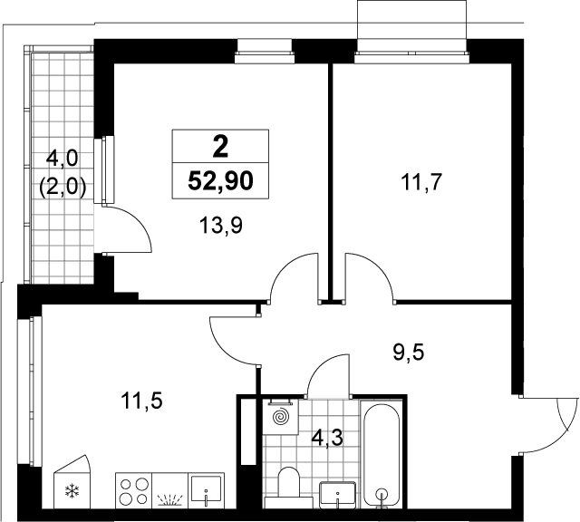 Планировка: 2-комнатная квартира 50,9 м² в ЖК «Деснаречье»