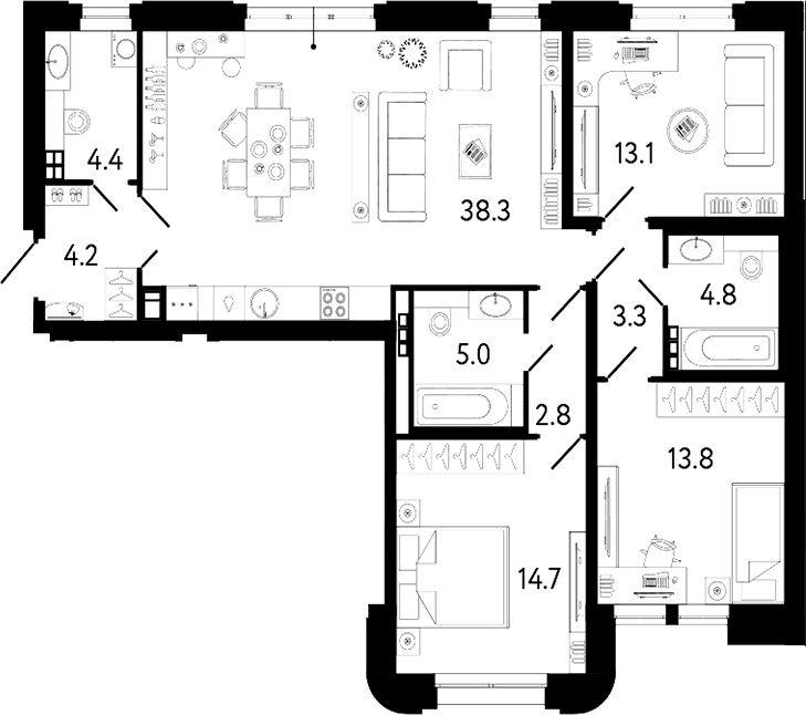 Планировка: Квартира евро-4 104,4 м² в ЖК «Коллекционер»