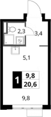 Планировка: Студия 20,6 м² в ЖК «1-й Донской»