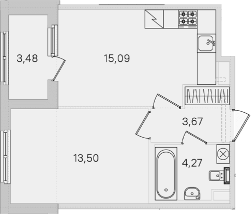 Планировка: 1-комнатная квартира 36,5 м² в ЖК «Дубровский»
