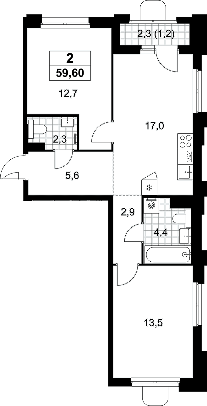 Планировка: Евротрёшка 58,4 м² в ЖК «Прокшино»