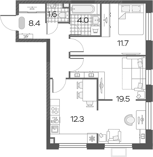 Планировка: Евродвушка 57,5 м² в ЖК «Лучи»