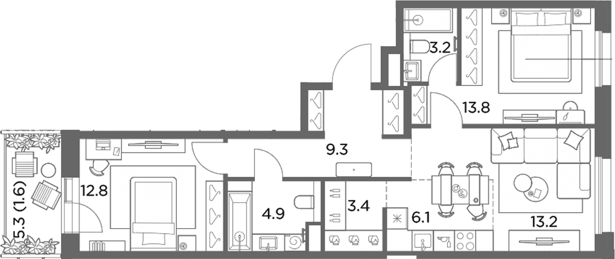 Планировка: Евротрёшка 66,7 м² в ЖК «Станиславский»