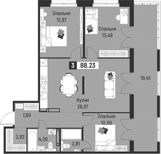Планировка: Квартира евро-4 82,4 м² в ЖК «Символист»