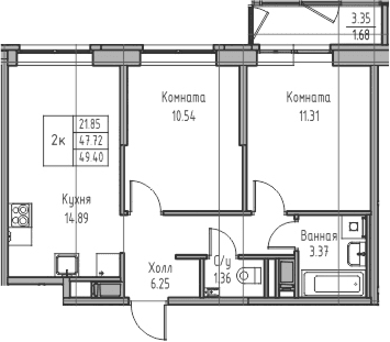 Планировка: Евротрёшка 47,7 м² в ЖК «Юнтолово»