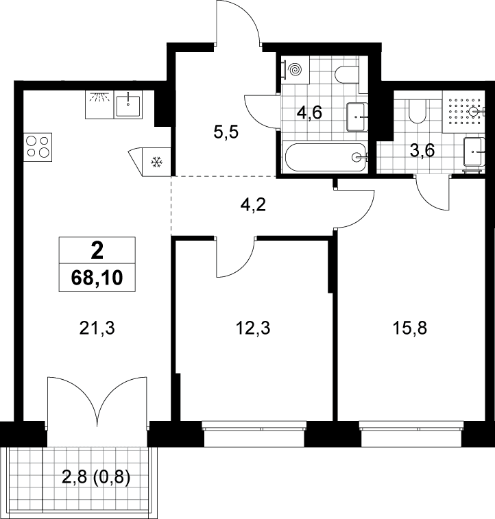 Планировка: Евротрёшка 67,3 м² в ЖК «Хольм»