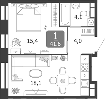Планировка: Евродвушка 41,6 м² в ЖК «Шагал»