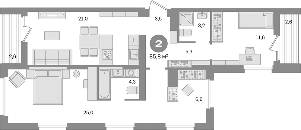 Планировка: 2-комнатная квартира 80,6 м² в ЖК «Первый квартал. Вторая очередь»