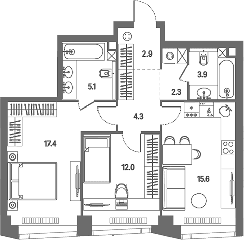 Планировка: Евротрёшка 63,5 м² в ЖК «КОД Сокольники»