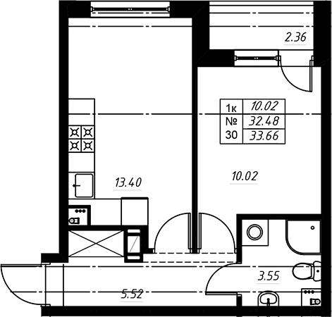 Планировка: Евродвушка 32,6 м² в ЖК «Огоньки»