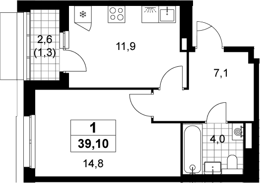 Планировка: 1-комнатная квартира 37,8 м² в ЖК «Деснаречье»