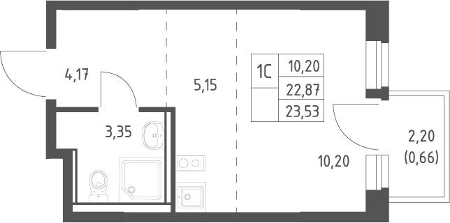 Планировка: Студия 22,9 м² в ЖК «Квартал Ивакино»