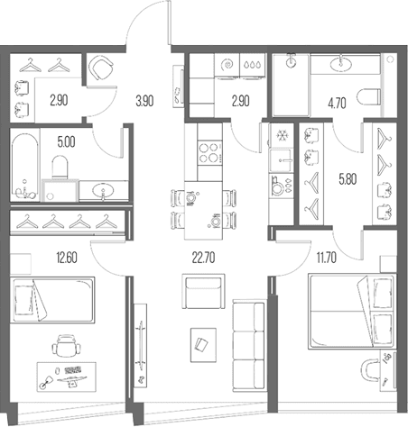 Планировка: 2-комнатная квартира 72,2 м² в ЖК «Северный Порт»