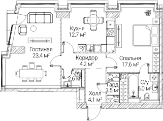 Планировка: 2-комнатная квартира 72,6 м² в ЖК «СЕЗАР БУДУЩЕЕ»