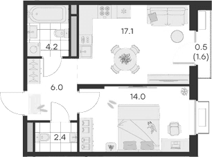 Планировка: 1-комнатная квартира 43,7 м² в ЖК «Михалевич»