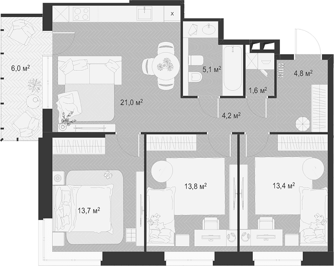 Планировка: Квартира евро-4 77,6 м² в ЖК «Гранд Комфорт 3»