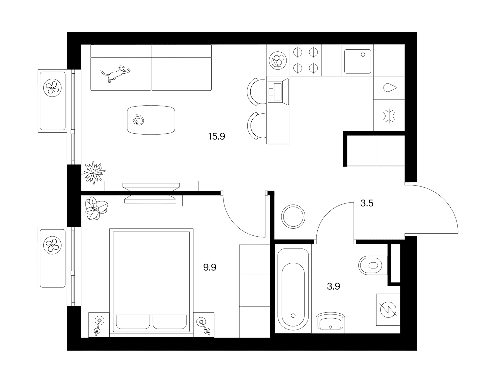 Планировка: 1-комнатная квартира 33,2 м² в ЖК «Белая Дача парк»