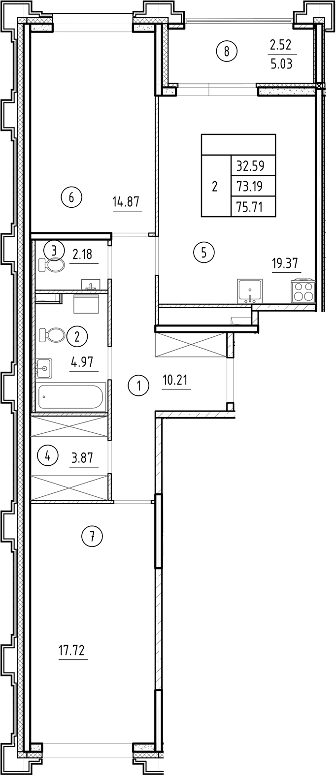 Планировка: Евротрёшка 73,2 м² в ЖК «Ассамблея»