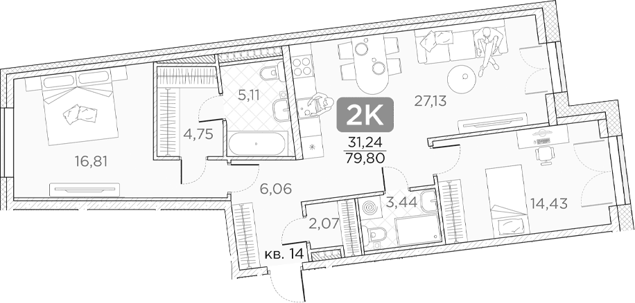 Планировка: Евротрёшка 79,8 м² в ЖК «Гильдия»