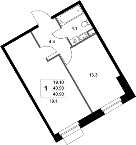 Планировка: 1-комнатная квартира 40,9 м² в ЖК «Кореневский Форт 2.3»