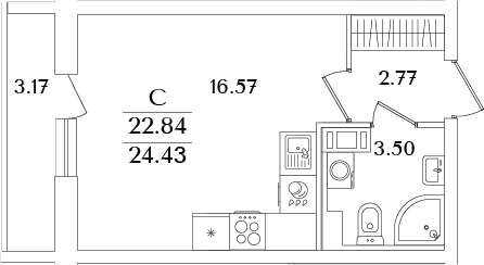 Планировка: Студия 22,8 м² в ЖК «Кинопарк»
