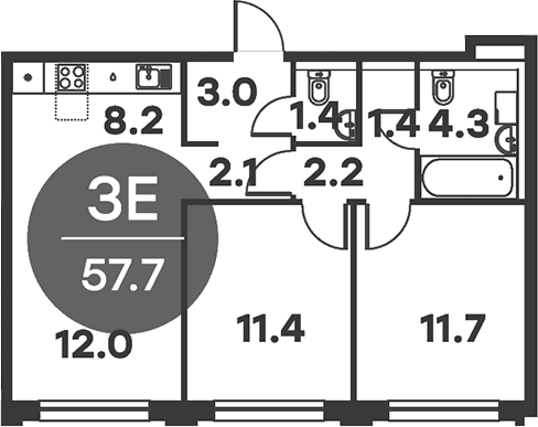 Планировка: Евротрёшка 57,7 м² в ЖК «Равновесие»