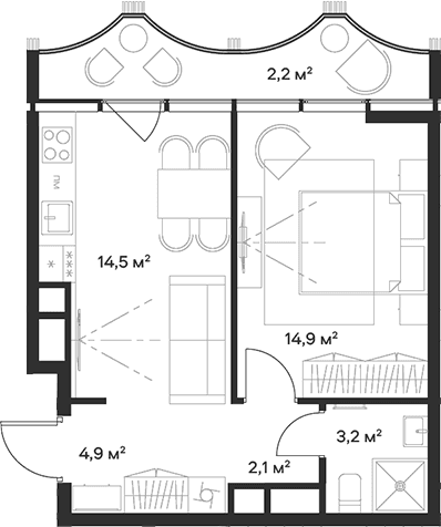 Планировка: Евродвушка 39,6 м² в ЖК «Союз»