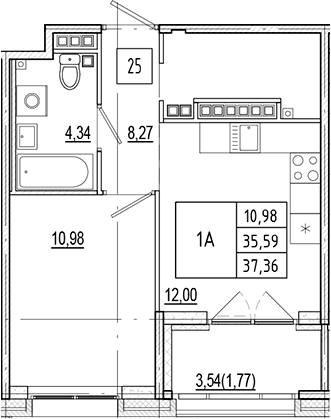 Планировка: 1-комнатная квартира 35,6 м² в ЖК «Ranta Residence»