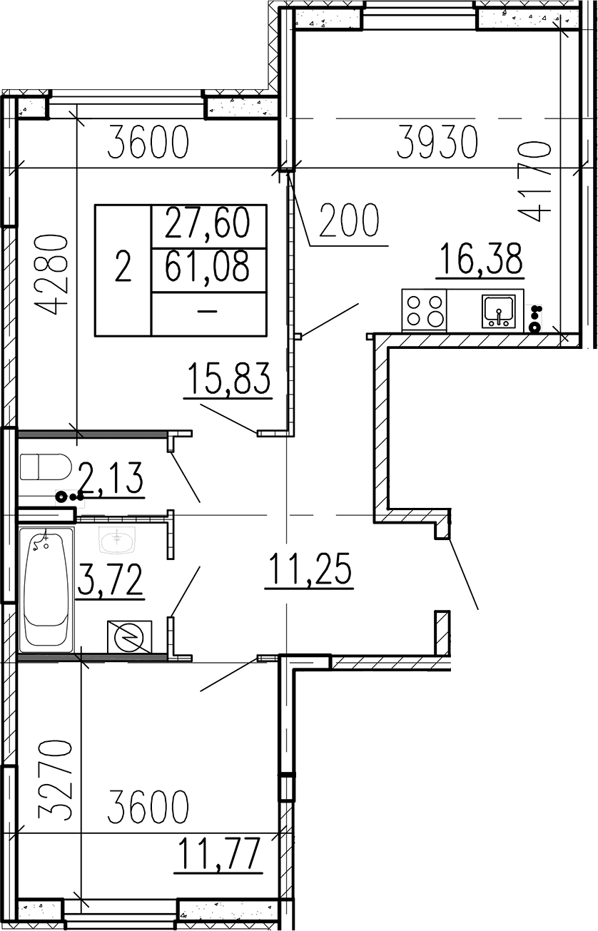 Планировка: 2-комнатная квартира 61,1 м² в ЖК «Высота. Бугры»