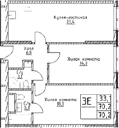 Планировка: Евротрёшка 70,2 м² в ЖК «Наметкин Тауэр»
