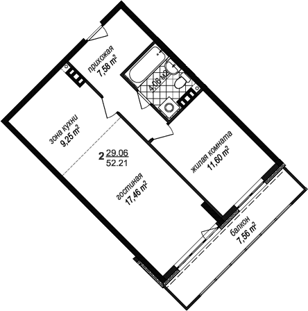 Планировка: Евродвушка 49,9 м² в ЖК «Avenue-Apart Прибрежный»