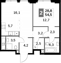 Планировка: Евродвушка 54,5 м² в ЖК «Сидней Сити»