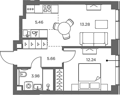 Планировка: Евродвушка 40,6 м² в ЖК «TATE»