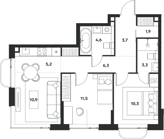 Планировка: Евротрёшка 57,7 м² в ЖК «АЛИА»