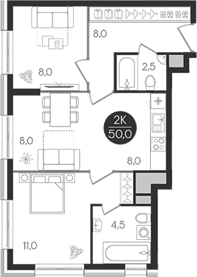 Планировка: Евротрёшка 50 м² в ЖК «Кантемировский»