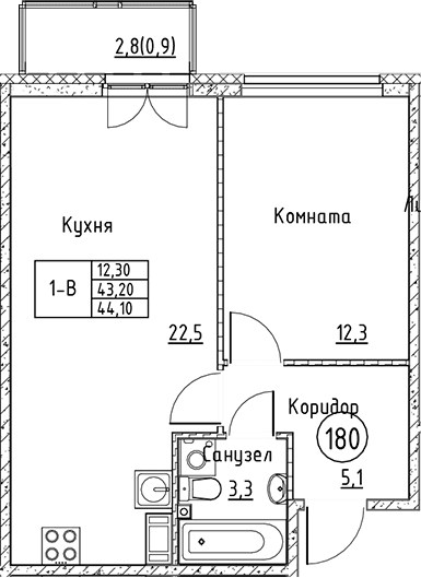 Планировка: Евродвушка 43,2 м² в ЖК «Кронунг Юг»