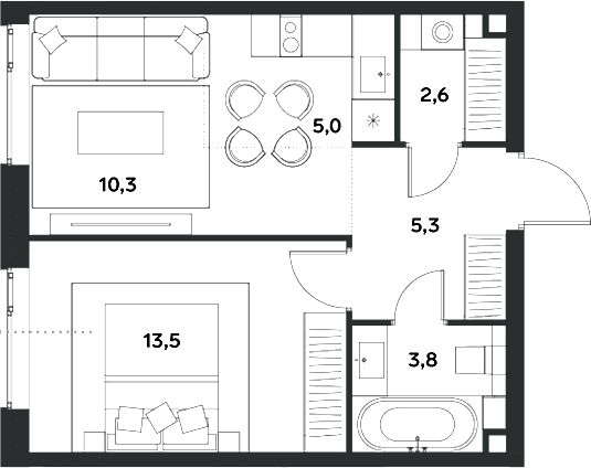 Планировка: Евродвушка 40,5 м² в ЖК «АЛИА»