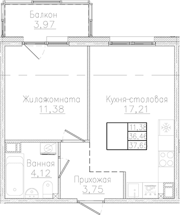 Планировка: 1-комнатная квартира 36,5 м² в ЖК «Счастье 2.0»