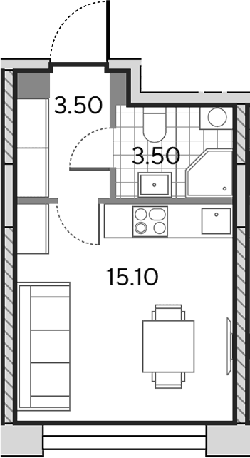 Планировка: Студия 22,1 м² в ЖК «Вейв»
