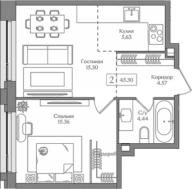 Планировка: Евродвушка 45,3 м² в ЖК «Преображенская площадь»
