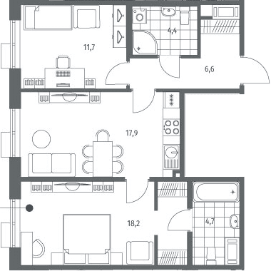 Планировка: Евротрёшка 63,5 м² в ЖК «Парусная 1»