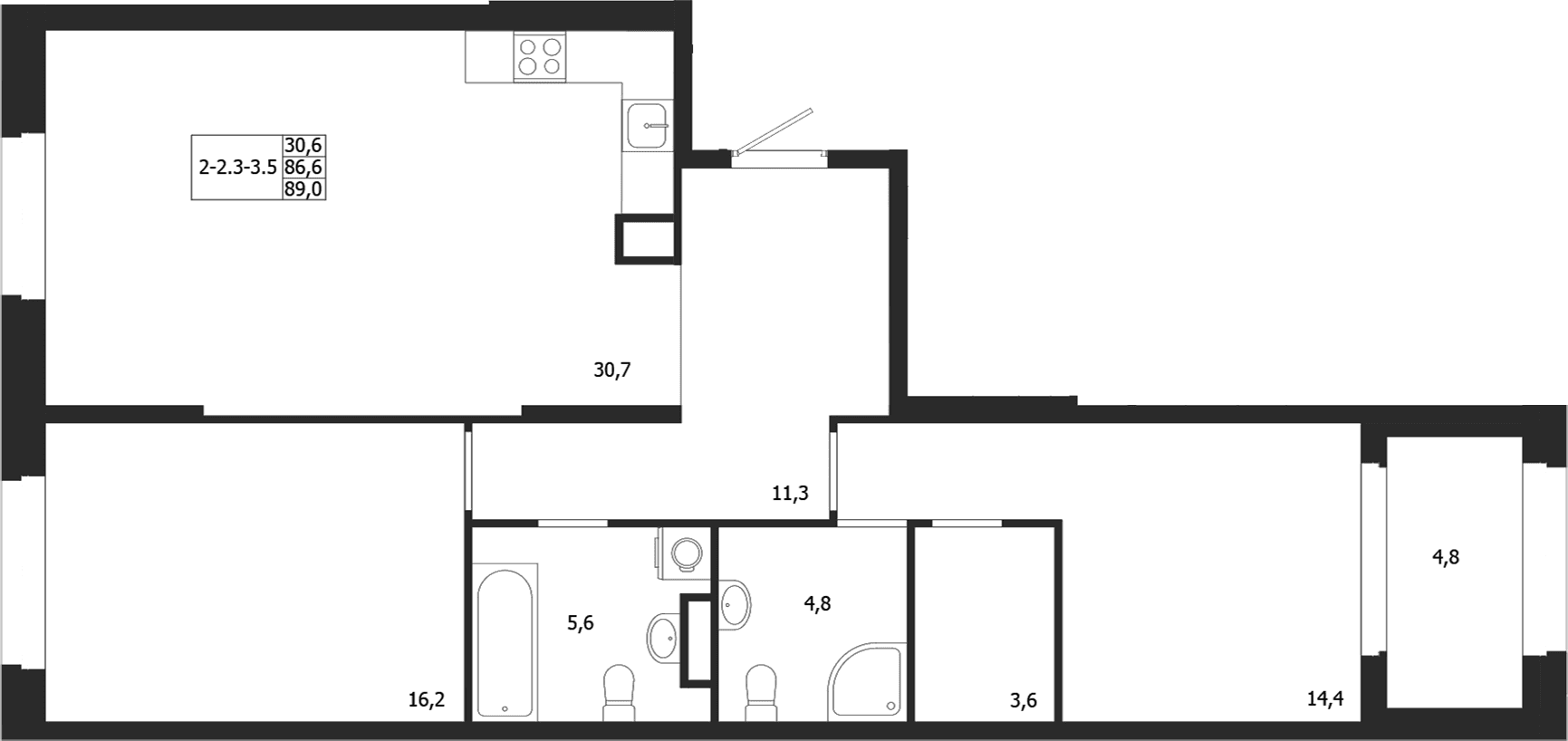 Планировка: 2-комнатная квартира 86,6 м² в ЖК «ЛДМ»