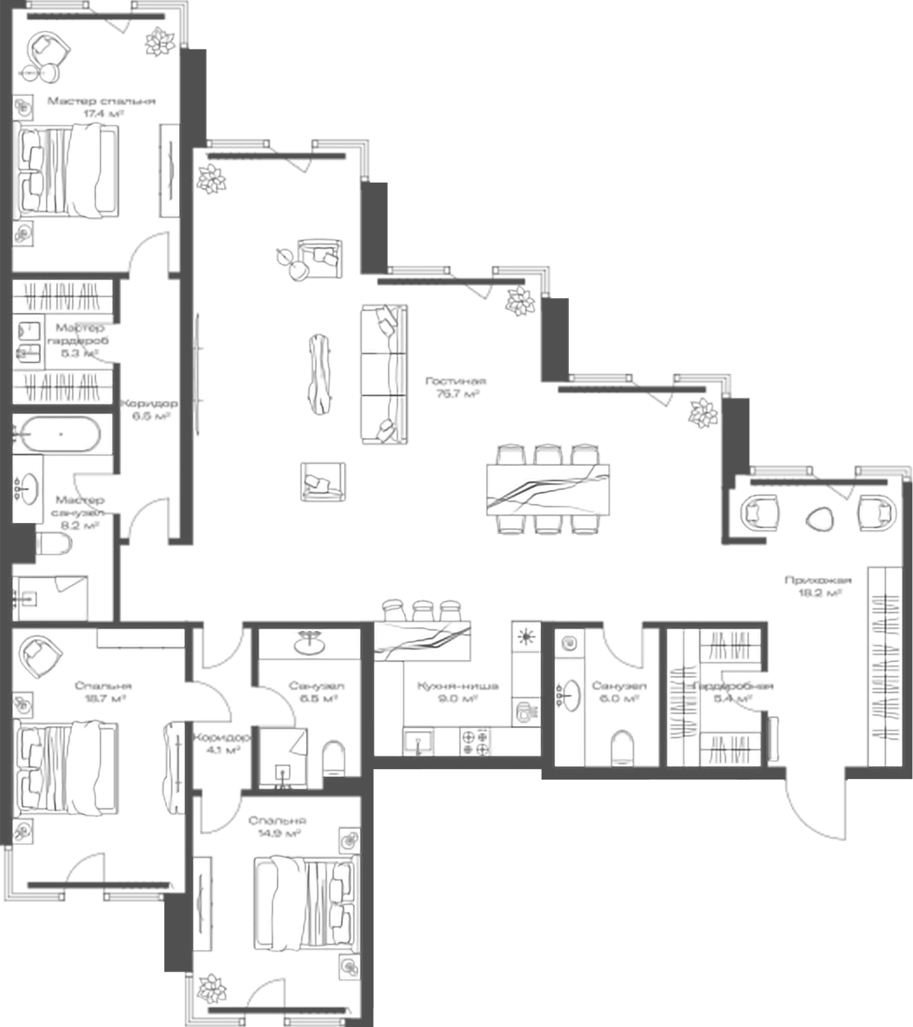 Планировка: Квартира евро-4 195,9 м² в ЖК «Опус»