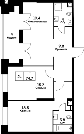 Планировка: Евротрёшка 70,7 м² в ЖК «ЭВЕР»