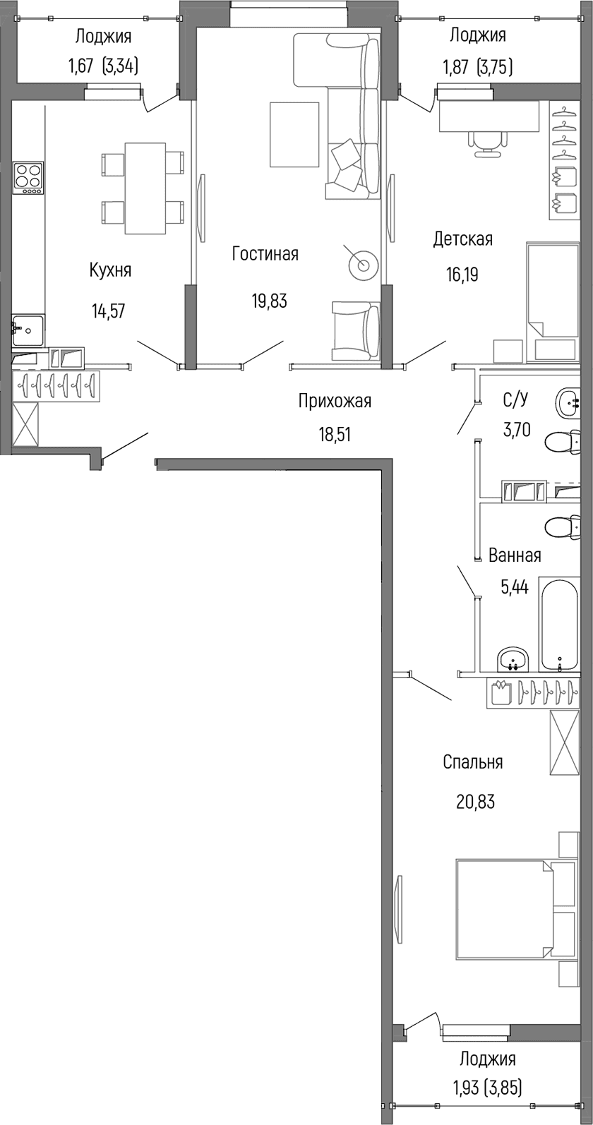 Планировка: 3-комнатная квартира 99,1 м² в ЖК «Рига Хиллс»