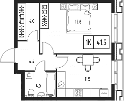 Планировка: 1-комнатная квартира 41,5 м² в ЖК «Сколково ВАН»