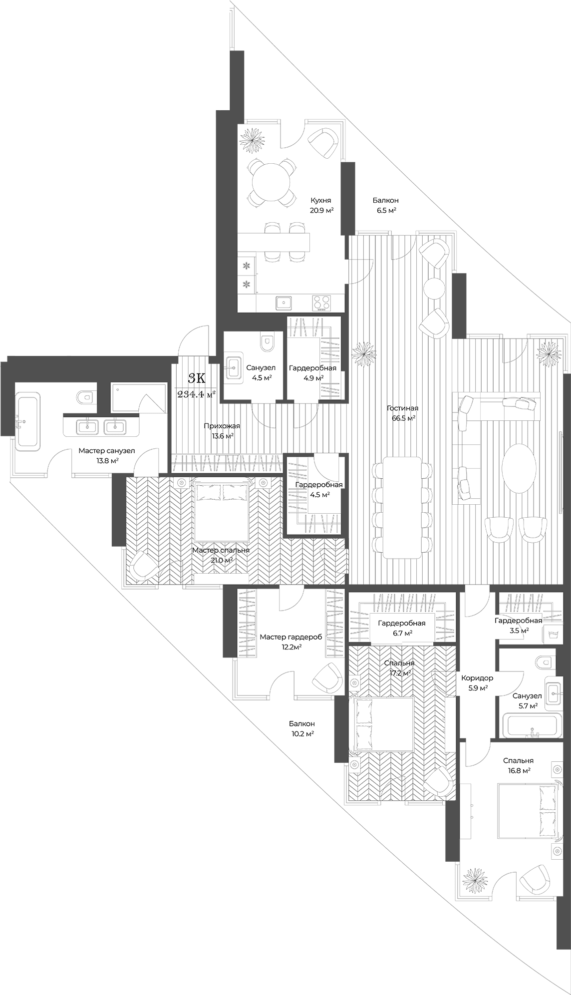 Планировка: Квартира евро-4 217,1 м² в ЖК «Опус»
