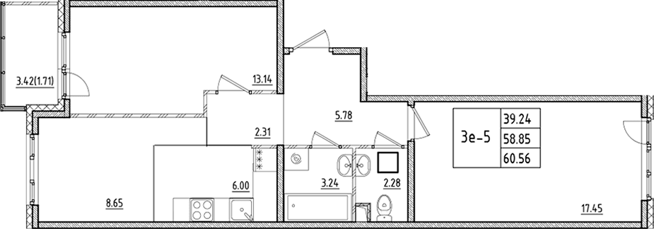 Планировка: Евротрёшка 58,9 м² в ЖК «ЛесАрт»